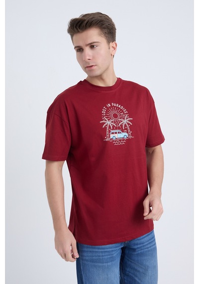 Velvoria Unisex Oversize Bordo Lost İn Paradise T-shirt