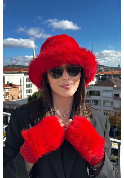 Mollycrush Kadın Kırmızı Suni Kürk Bucket Şapka Ve Eldiven Seti Kışlık Trend Tasarım Kırmızı