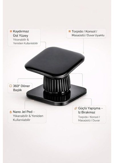 Araç İçi Telefon Tutucu Nano Jel Ped Yapışkanlı 360 Derece Döner Başlık Yıkanabilir Yeniden Kullanılabilir Kaydırmaz Torpido Konsol Masaüstü Duvar Uyumlu Evrensel İphone Android Telefon Stand