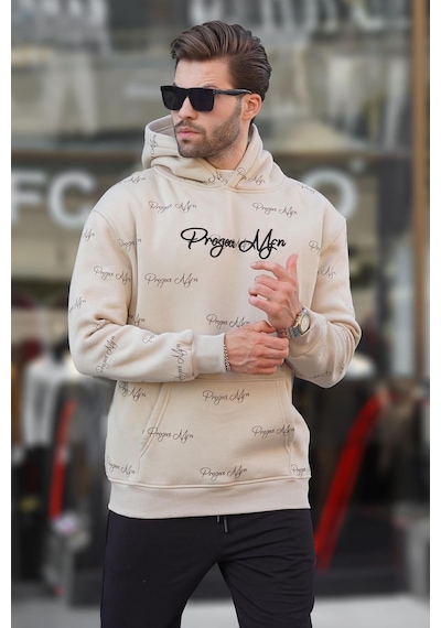 Madmext Bej Baskılı Kapşonlu Cep Detaylı Erkek Sweatshirt 7075 Bej