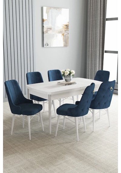 Zümra Serisi, Beyaz 80x132 Açılabilir Mdf Mutfak Masası Takımı 6 Adet Sandalye, Lacivert Zümra Serisi, Beyaz 80x132 Açılabilir Mdf Mutfak Masası Takımı 6 Adet Sandalye, Lacivert