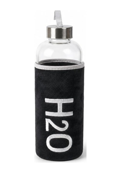Peluş Kılıflı Cam Matara 600 Ml, Siyah H2o Nakışlı Kılıf, Taşıma Askılı Metal Görünümlü Vidalı Kapak, 8 24 Cm Şeffaf