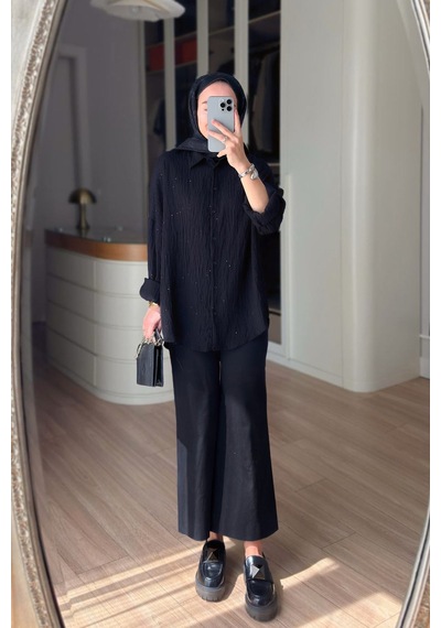 Kahijab Nakışlı Pul Detay Oversize Gömlek - Siyah