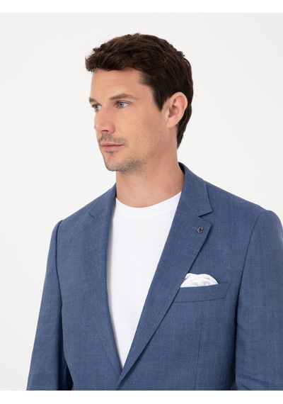 Cacharel İndigo Slim Fit Keten Yün Karışımlı Mikro Desen Mono Yaka Takım Elbise Mavi