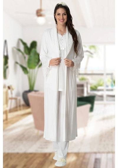 Mecit Pijama Mecit 5416 Bayan Hamile Lohusa Ekru Uzun Sabahlıklı Pijama Takımı