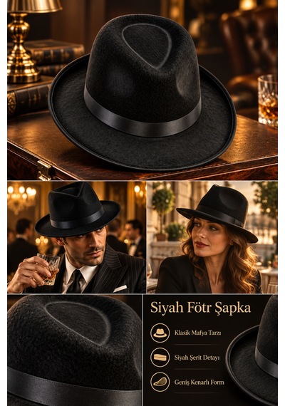 Siyah Fötr Şapka Şerit Detaylı Mafya Kostüm Şapkası Unisex Parti Sahne Ve Gösteri Aksesuarı