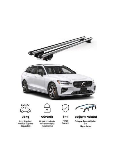 Kanca Volvo V60 Cross Country 2019 Ve Sonrası Uyumlu Gri Kilitli Ara Atkı 120cm Port Bagaj Tavan Barı