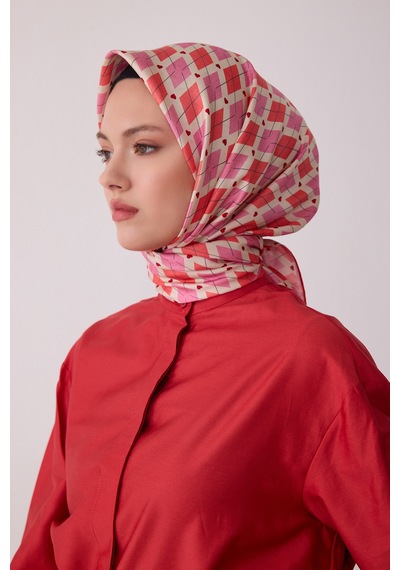 Belli Geometrik Desen %100 Twill İpek Eşarp Be08 Pembe