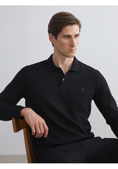 Lcwaıkıkı Classic Siyah Polo Yaka Uzun Kollu Erkek Sweatshirt