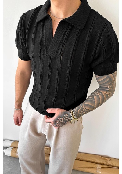 Siyah Striped Knitwear Relaxed Triko Polo Yaka Tişört Siyah