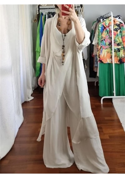 Bohem Stil Italyan Ipek Detaylı Oversize Kaftan & Bluz-8711 Krem