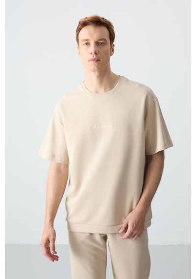 Tommy Life Bej Pamuklu Kalın Yumuşak Dokulu Oversize Fit Basic Erkek Eşofman Takım - 85261 Bej