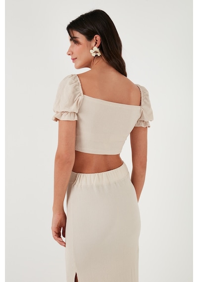 Lela Slim Fit Büzgü Detaylı Kalp Yaka Crop Bayan Bluz 5865601 Taş
