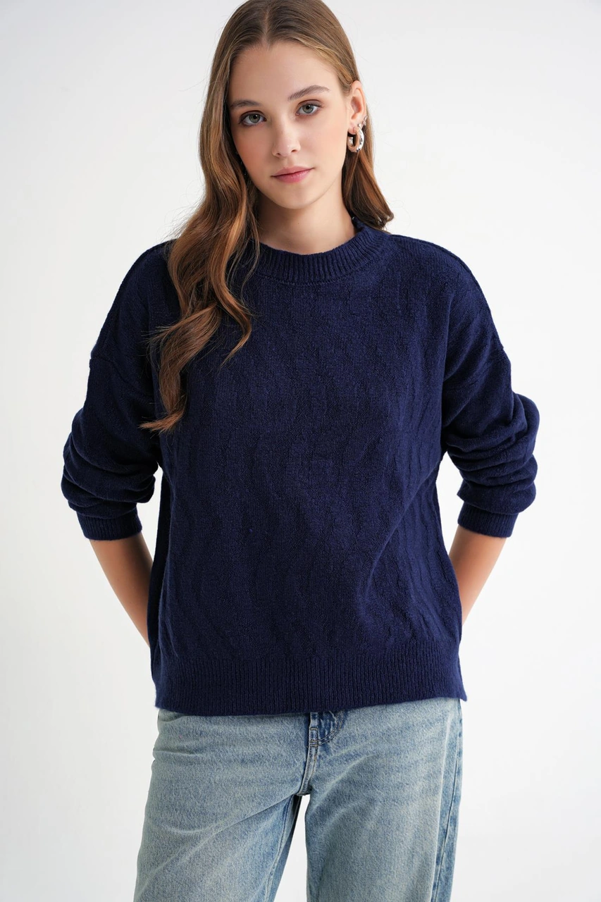 Mixray 6947 Kadın Kendinden Desenli Oversize Triko Kazak Lacivert