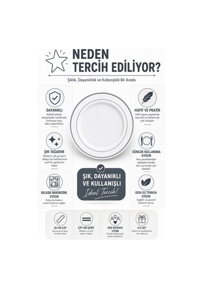 6'lı Gümüş Yaldızlı Plastik Tabak 26 Cm Porselen Görünümlü Kullan At Parti Davet Servis Tabağı