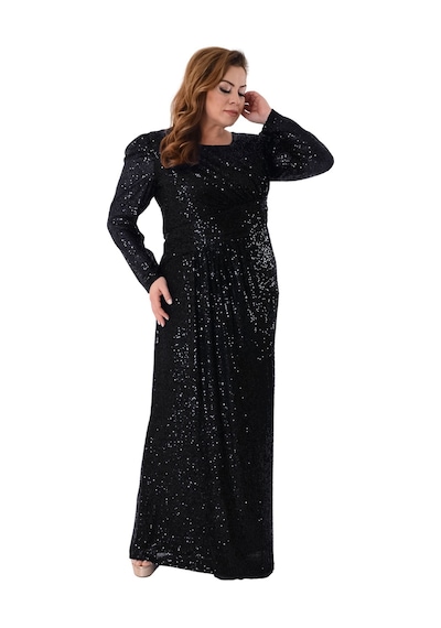 Lilas Xxl Kadın Büyük Beden Full Pul Payet İşlemeli Uzun Abiye Elbise 2482 Siyah Siyah