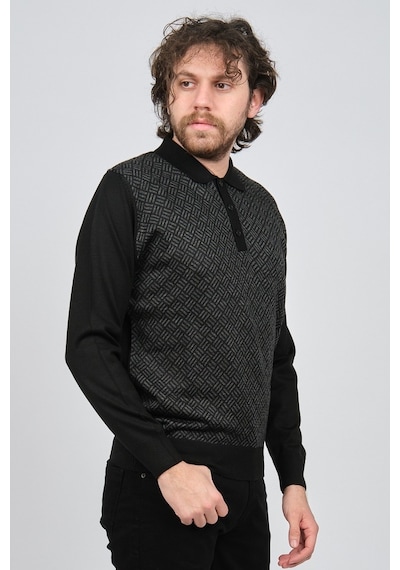 Pave Erkek Polo Yaka Desenli Yün Kazak 4537134 Siyah Siyah