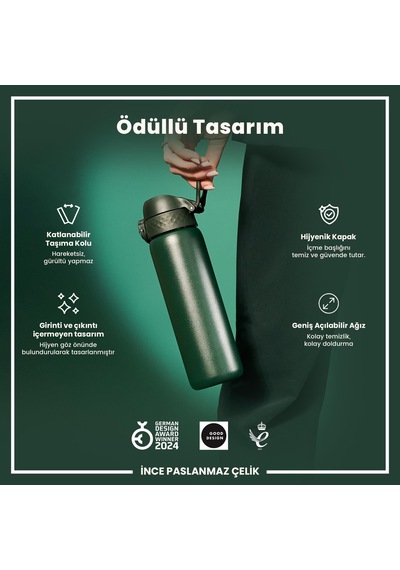 Ion8 - Paslanmaz Çelik İnce Suluk - Koyu Yeşil - 600 Ml - Sızdırmaz