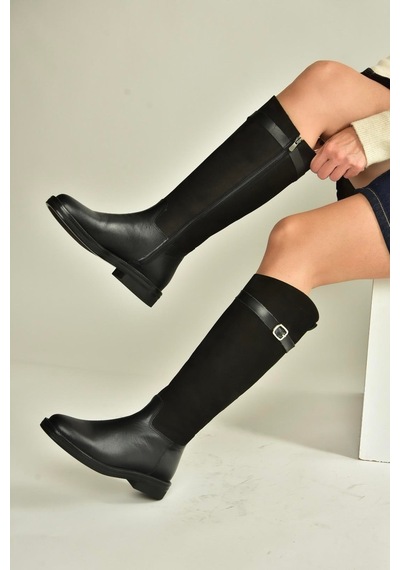 Fox Shoes V654002803 Siyah Hakiki Deri Düz Tabanlı Binici Çizmesi Siyah