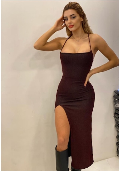 Pink Life Siyah Üzeri Bordo Simli Yıtmaç Detayli Elbise