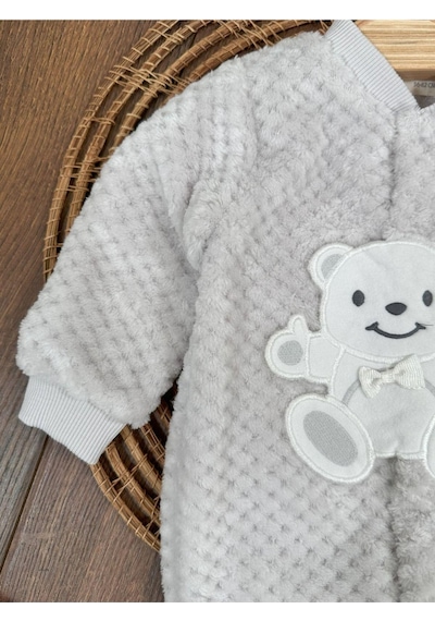 101 Dalmaçyalı Peluş Ayıcık Nakışlı Patikli Çıtçıtlı Kışlık Erkek Bebek Tulum Gri