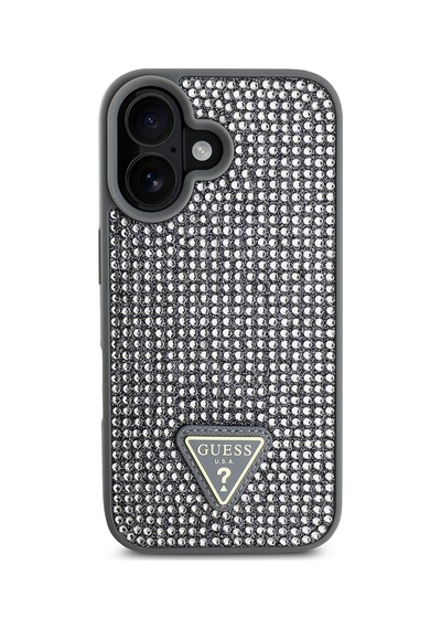 Apple Uyumlu iPhone 16 Plus Kılıf Guess Lisanslı Üçgen Logolu Taşlı Kapak Gümüş