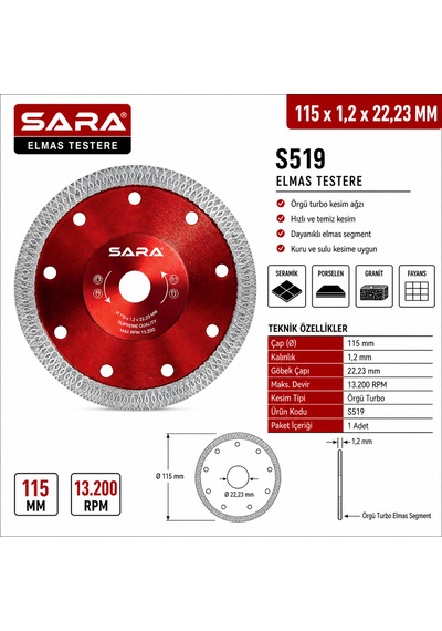 Sara S519 115 Mm Turbo Hassas Mermer Kesme Diski Elmas Uçlu, 1,2 22,23 Mm, Maksimum 13.200 Rpm