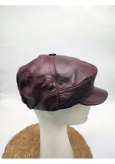 Deri Şapka Unisex Bordo Renk Siyah