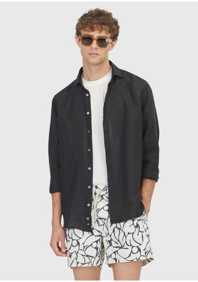 Ramsey Siyah Casual Fit Uzun Dokuma Casual %100 Keten Gömlek