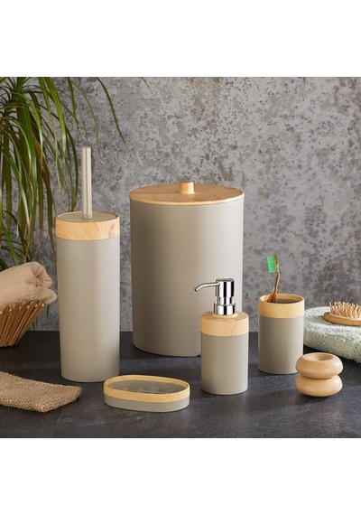 5 Parça Lüx Bambu Görünümlü Banyo Seti 10 Litre Çöp Kovası Ve Antibakteriyel Tuvalet Fırçası Krem Diğer