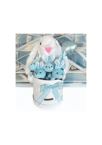 Özel Kututusunda 45 Cm Beyaz Jellycat Tavşan, 5'li Tavşancıklar Ve Folyo Kalp Balonlu Set-ayıcık Buketi