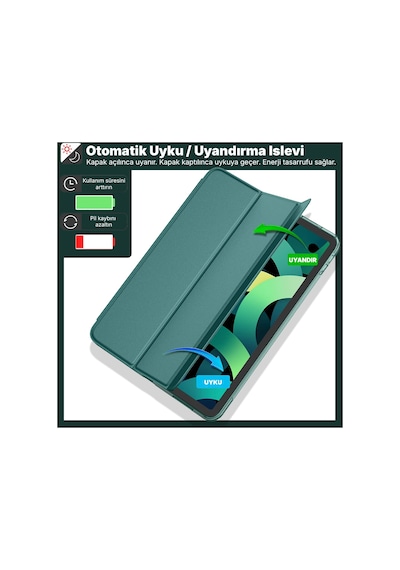 İpad 11. Nesil A16 Ve 10. Nesil 10.9" Uyumlu Kılıf A3355 A2696 Ultra İnce Standlı Kapak Koyu Yeşil Kapaklı Kılıf