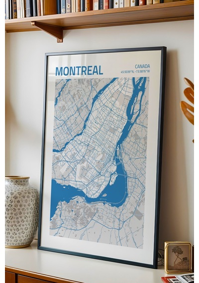 Montreal Kanada Haritası Çerçeveli Tablo Lüks Salon Ofis Duvar Dekorasyonu Hediyelik Tablo