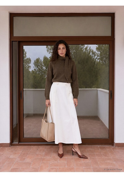 Lcw Modest Ekru Beli Lastikli Gabardin Kloş Etek