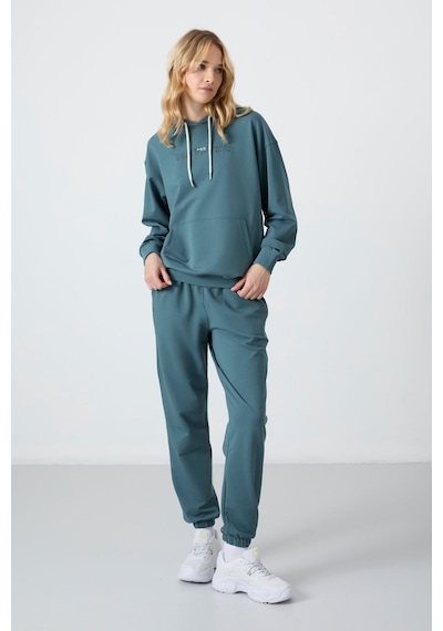 Tommy Life Orman Yeşili Kapüşonlu Kanguru Cep Oversize Lastik Paça Kadın Eşofman Takımı - 95288 Yeşil
