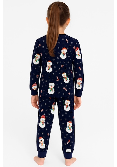 Zuzunga Unisex Yılbaşı Kardan Adam Desenli Çocuk Pijama Takımı Lacivert