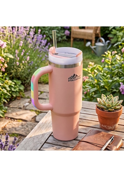Led Işıklı Kulplu Pipetli Termos - 900 Ml Pembe