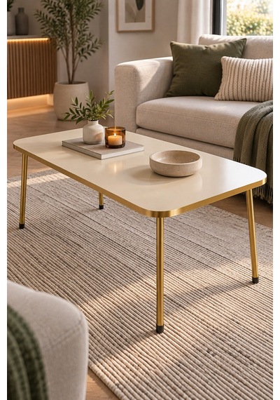 Sulorahome Gold Metal Dikdörtgen Orta Sehpa Krem