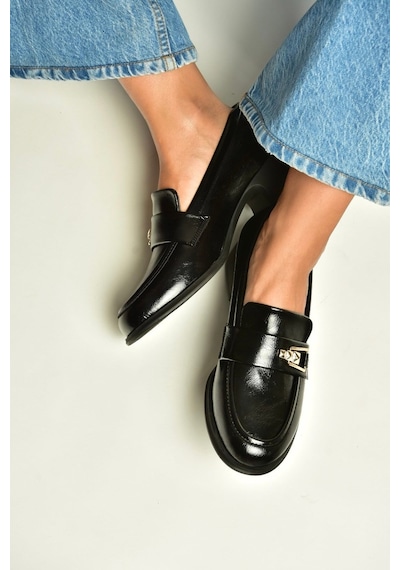 Fox Shoes Z820106460 Siyah Rustik Kalın Topuklu Loafer Ayakkabı