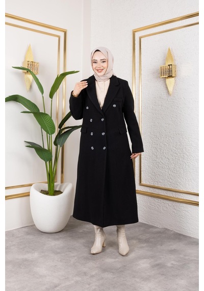 Hb Harma Time Butik Kadın Astarlı Düğmeli Cepli Uzun Siyah Kaşe Kaban Siyah Siyah