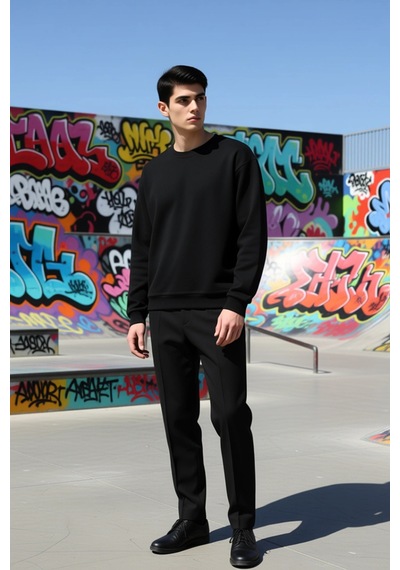 Benerly Erkek Bisiklet Yaka Standart Kol Waffle Kalıp Sweatshirt Fonksiyo siyah