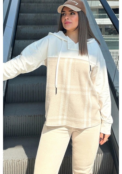 WeShaya Kadın Bej Ekose Garnili, Rahat Kesim, Kapüşonlu İki İplik Sweatshirt Bej