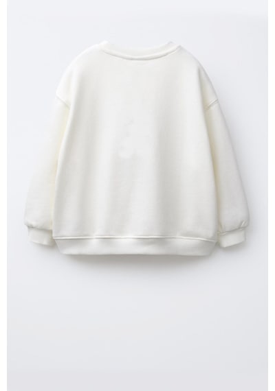 Monila Kız Çocuk 3 İplik Kumaş Pamuklu Mavi Kedi Baskılı Sweatshirt Ekru