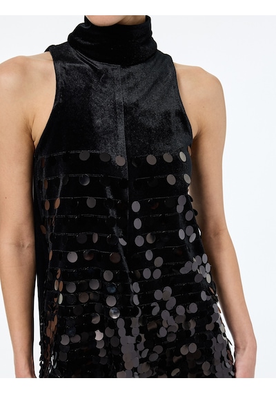 Koton Kolsuz Pul Payet İşlemeli Mini Halter Yaka Kadife Elbise Siyah 6wak80328ek Siyah