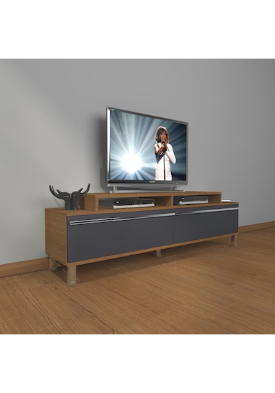 Decoraktiv Ekoflex 4 Mdf Krom Ayaklı Tv Ünitesi Tv Sehpası Ceviz - Antrasit