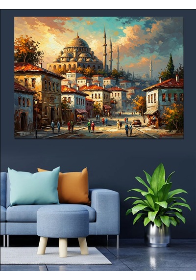 Ahşap Tablo Gün Batımı İstanbul Camii Ve İnsanlar Çocuk Odası Tabloları