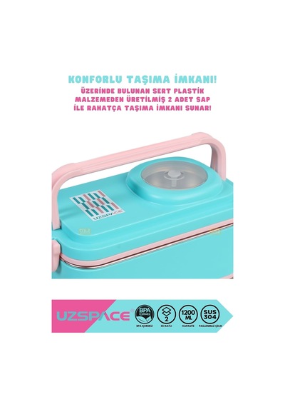 1200ml Lunchbox 2 Katlı 4 Bölmeli Mini Kaseli Çelik Sefer Tası Yemek Kutusu Turkuaz-pembe Çok Renkli