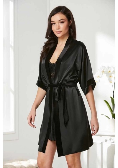 Modadua Pierre Cardin 4045 Kadife Saten Dantelli Gecelik Ve Sabahlık Takımı Siyah