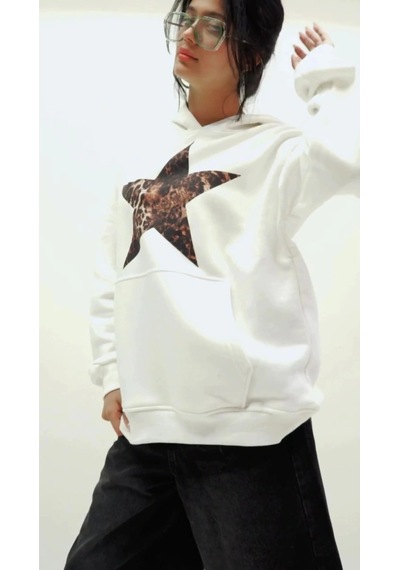 Startmore Leopar Falling Star Baskılı Oversize Unisex Premium Beyaz Beyaz