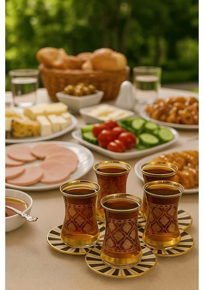 12 Parça Altın Yaldız Desenli İnce Belli Cam Çay Bardağı Ve Tabak Seti Çok Renkli